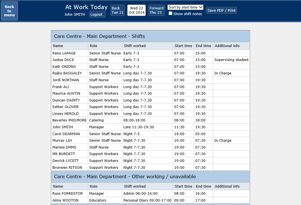 Quick view daily - see who's working today, where and when