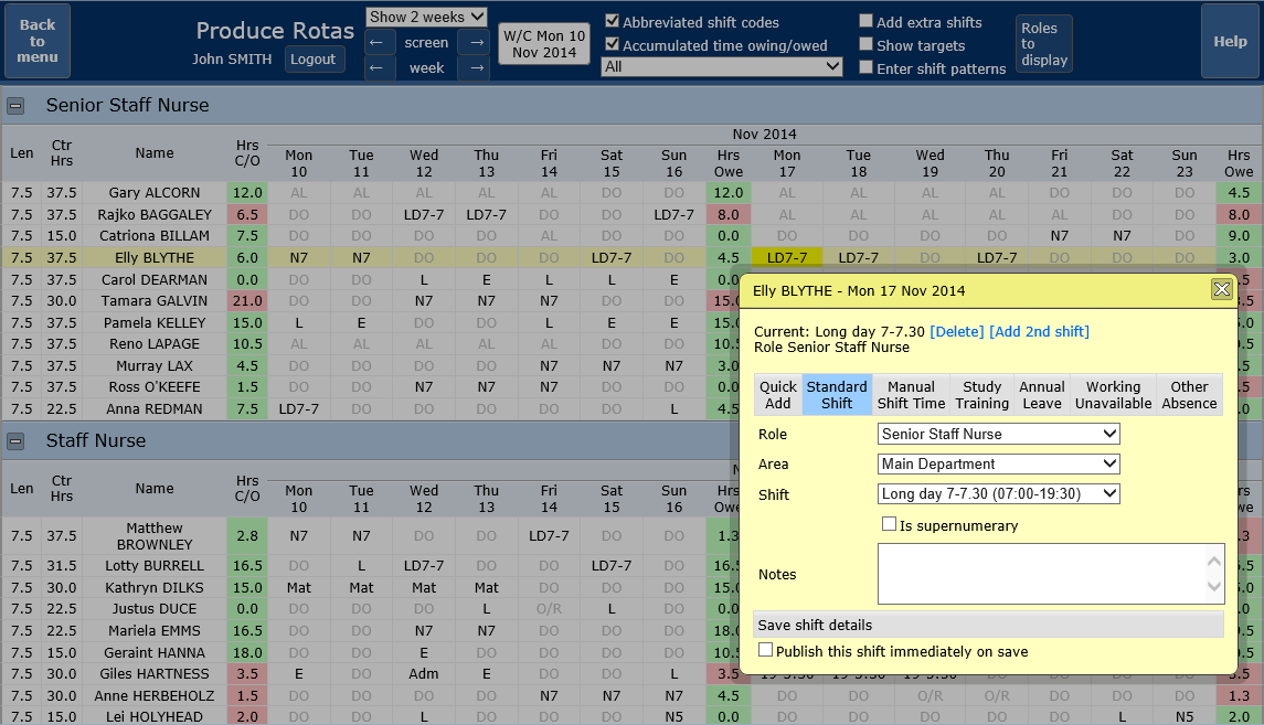 Produce rotas - editing a single shift/day