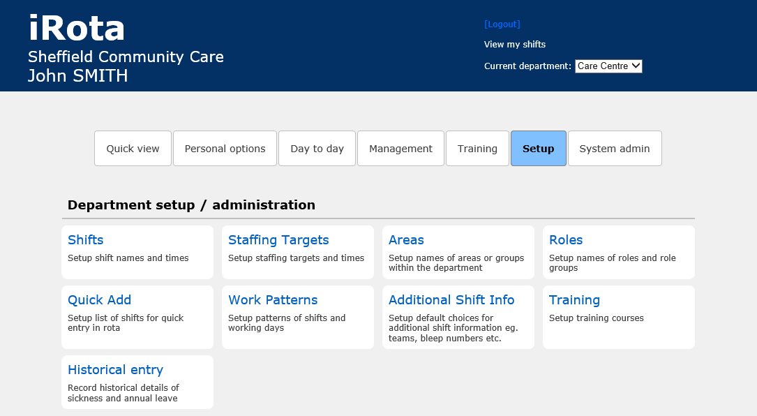 Setup - make changes to the department settings