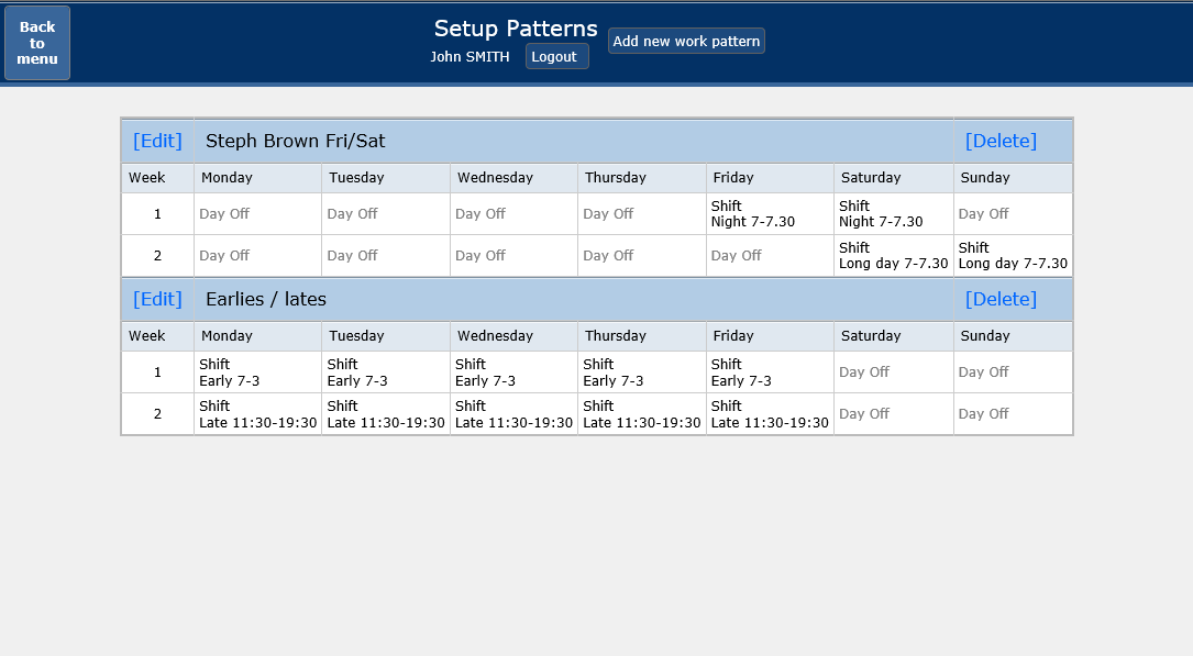 Setup - shift patterns