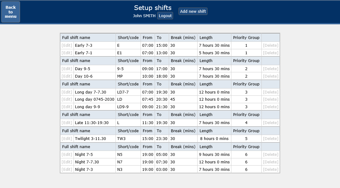 Setup - define local shifts