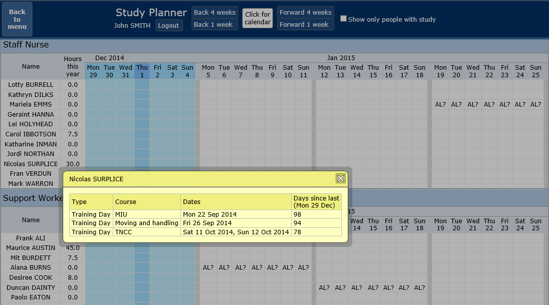 Study planning - viewing an employee